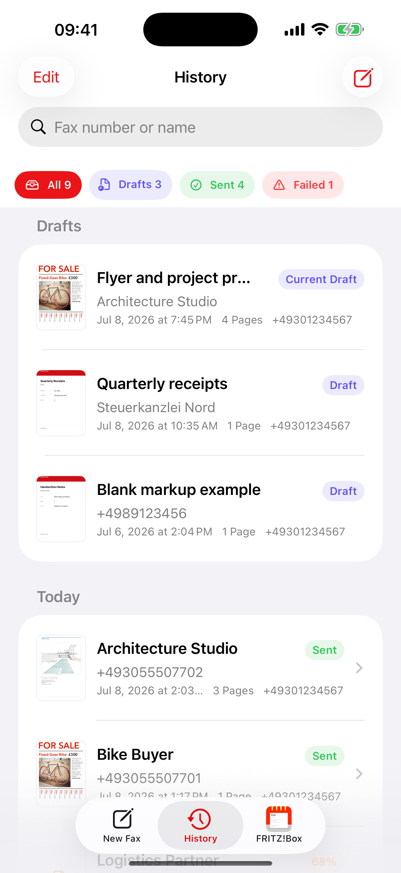 Faxbot for iOS: drafts and history
