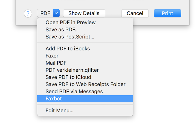 Faxbot im macOS-Druckdialog