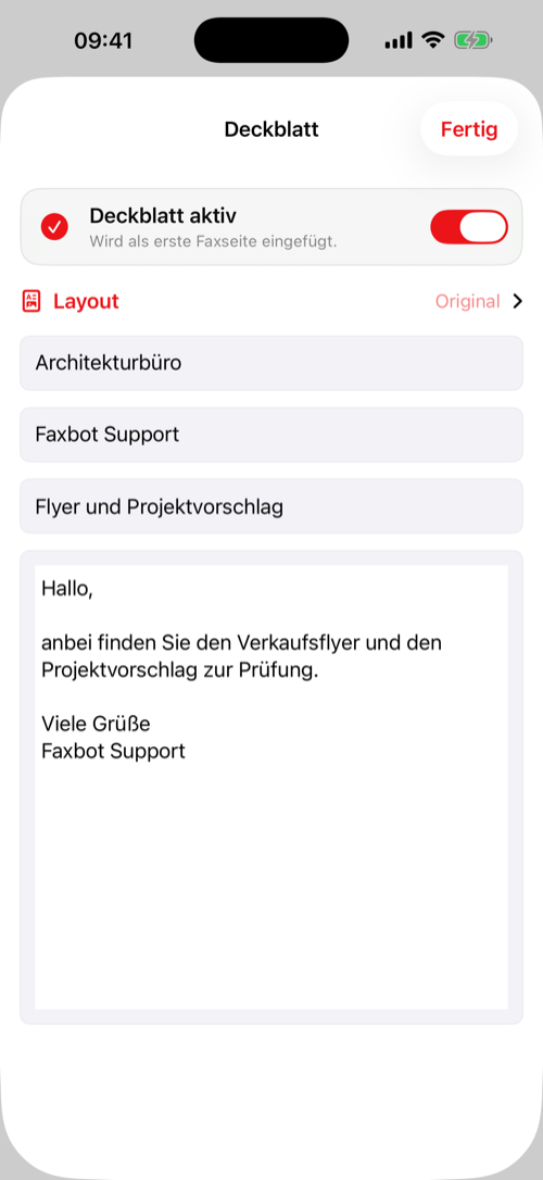 Faxdeckblatt in Faxbot
