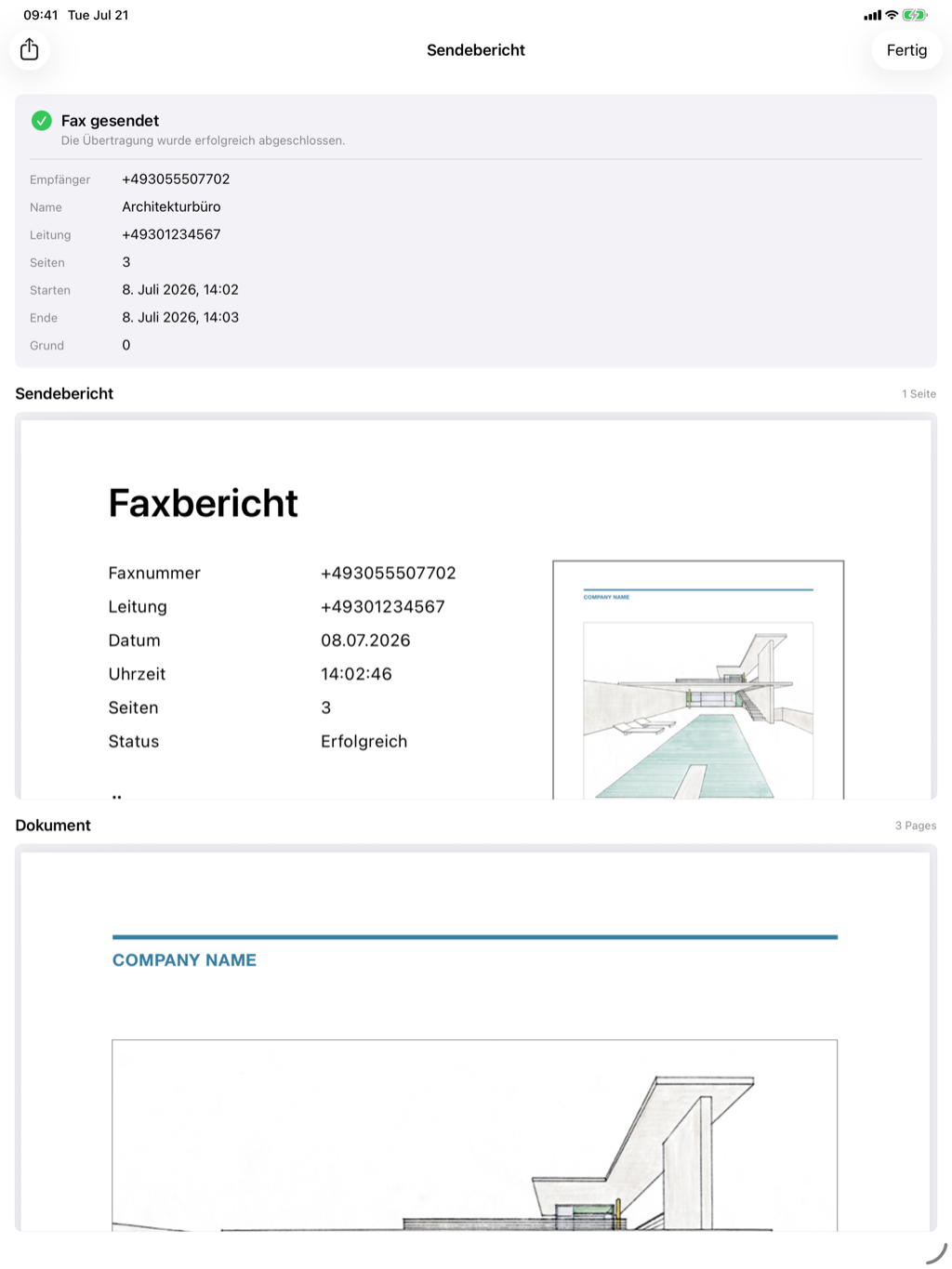 Sendebericht und Architektur-PDF auf dem iPad