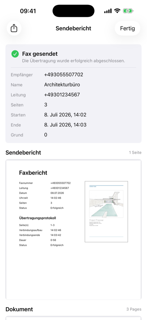 Sendebericht eines erfolgreichen Faxes