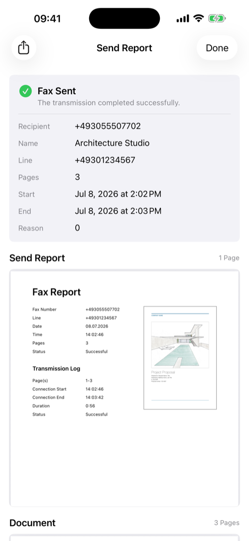 Report for a successfully transmitted fax
