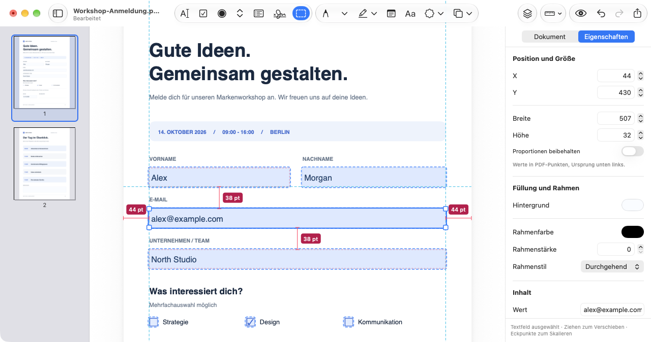 Ausgewähltes E-Mail-Feld mit Hilfslinien und Wahltasten-Abstandsanzeige: 44 pt zum Seitenrand und 38 pt zu benachbarten Feldern