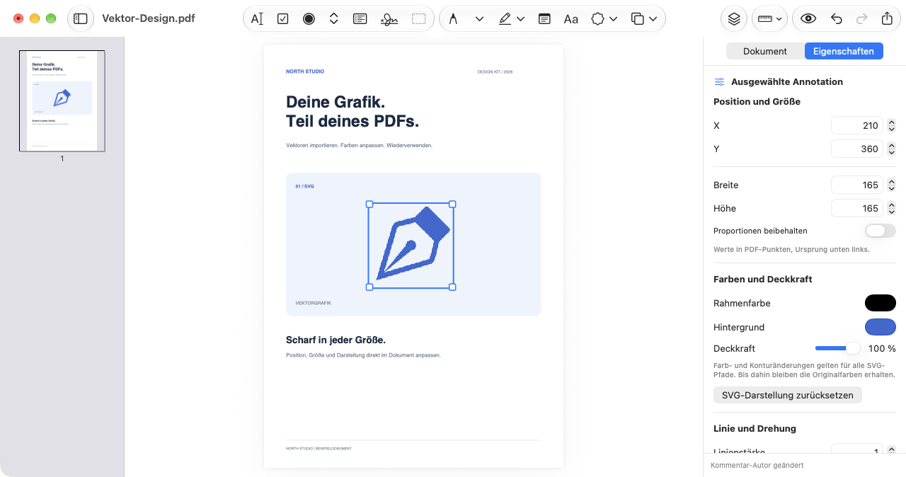Importierter blauer SVG-Zeichenstift auf einer PDF-Seite ausgewählt, mit SVG-Darstellung im Inspektor