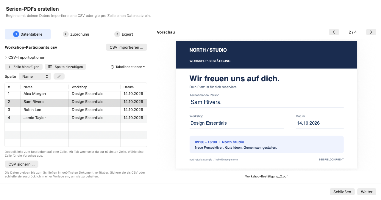 Serien-PDF-Assistent mit vier fiktiven Workshop-Teilnehmenden in einer Datentabelle und der persönlichen Workshop-Bestätigung für Sam Rivera in der PDF-Vorschau