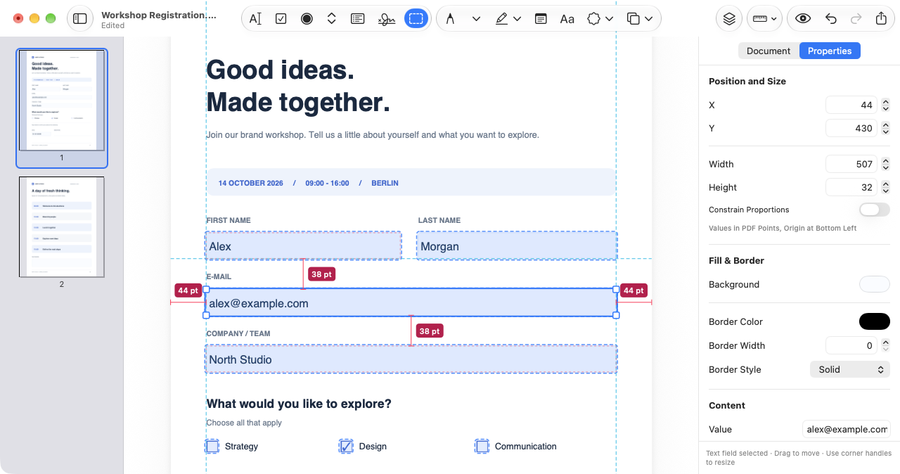 Selected email field with guides and Option-key measurements: 44 pt to the page edges and 38 pt to adjacent fields