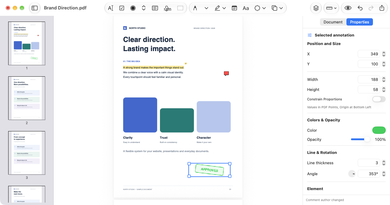 PDF with a text highlight, a comment and a rotated approval stamp