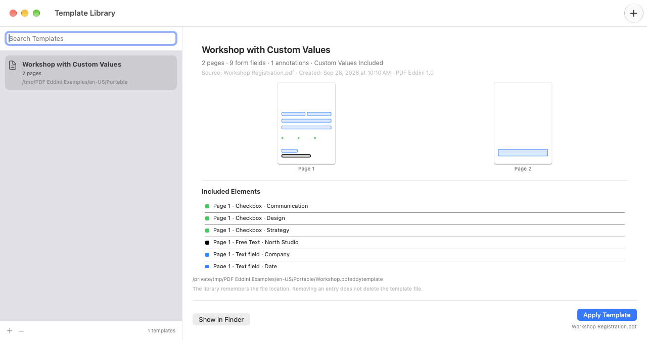 Template Library with a selected workshop template, page previews and an element list
